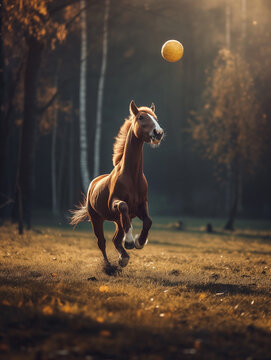 A Photo of a Horse Playing with a Ball in Nature