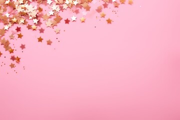Bright and Festive Pink Confetti and Golden Stars on Pink Background AI Generated