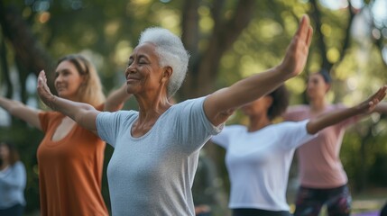Group of multiethnic mature people stretching arms outdoor. Middle aged yoga class doing breathing exercise at park. Beautifil women and fit men doing breath exercise together with outstretched arms. - obrazy, fototapety, plakaty