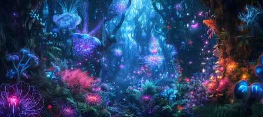 Fototapeta na wymiar A fantastical forest with bioluminescent plants and mythical creatures, each detail glowing and shimmering.