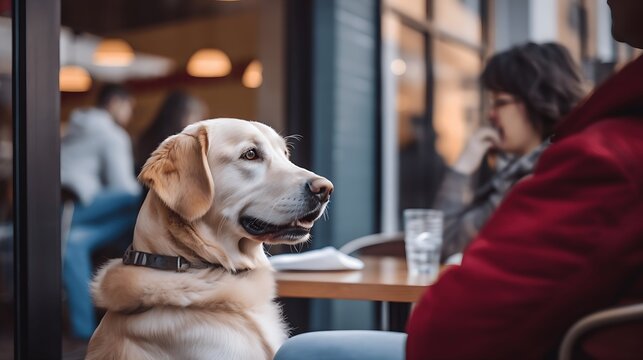 Smiling golden retriever sitting at the table in a cafe. Pet friendly places concept. Emotional support concept.