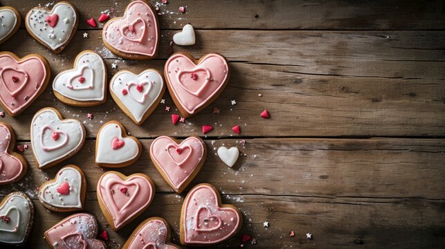 Glazed heart-shaped cookies for Valentine's Day, arranged on a rustic wooden table generative ai