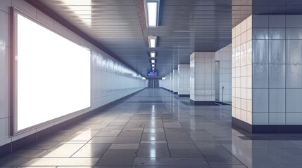 Indoor outdoor city light mall shop template. Blank billboard mock up in a subway station, underground interior.