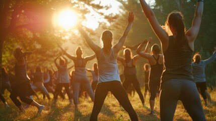 Large group of fit and active people doing exercise in nature, stretching.