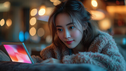 Asian woman lying on the couch using tablet at home in the living room.generative ai