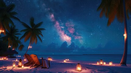 Movie night on starry tropical island beach. Amazingly calm and relaxed scenic view of outdoor...