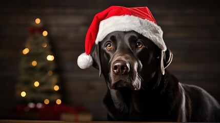 Portrait of a black labrador retriever dog wearing a santa hat Generative AI