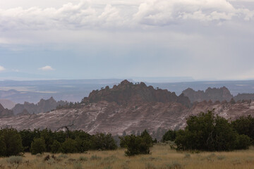 A grassy field dotted with sagebrush and clusters of low growing oak trees leads to distant, rain soaked, rugged, red rock cliffs under a cloudy sky on Kolob Mountain in Southern Utah, USA.
