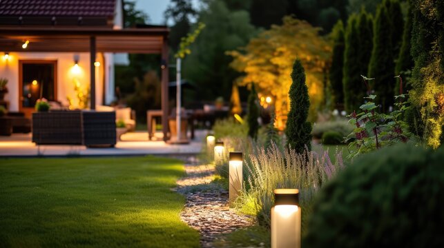 Panoramic Photo of LED Light Posts Illuminated Backyard Garden During Night Hours