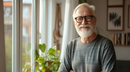 Portrait of happy retired senior man standing at home near window.