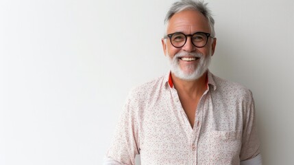 Portrait of smiling mature man standing on white background. - obrazy, fototapety, plakaty
