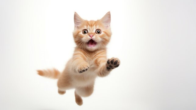 Jumping Happy Cat on White Background AI Generated
