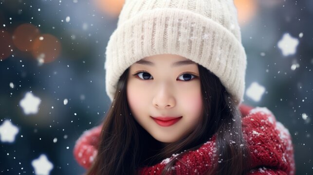 beautiful asian woman wearing winter hat and scarf with snow background Generative AI