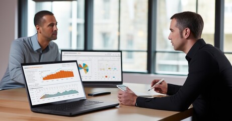 colleagues discussing content marketing strategies with a laptop in a casual office