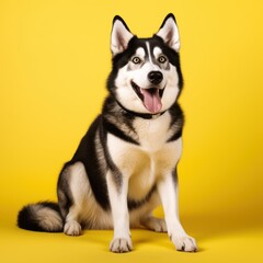 Professional Full Length Husky Dog on Yellow Background AI Generated