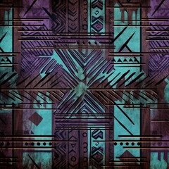 Teal, chocolate, and lavender seamless African pattern, tribal motifs grunge texture