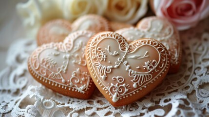 Obraz premium Glazed heart-shaped cookies with intricate icing designs generative ai