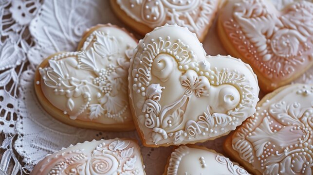 Glazed heart-shaped cookies with intricate icing designs generative ai