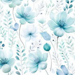 Fototapeta na wymiar Teal watercolor botanical digital paper floral background in soft basic pastel tones
