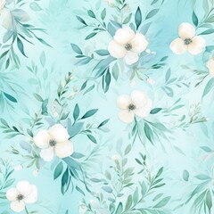 Fototapeta na wymiar Teal watercolor botanical digital paper floral background in soft basic pastel tones