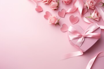 Fototapeta na wymiar Heart-shaped Ribbon with Gift Boxes and Rose Flowers on Pink Background AI Generated