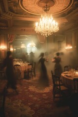 Fototapeta na wymiar Elaborate Victorian-era banquet hall with ghostly figures dancing, detailed with vintage decor and eerie lighting.