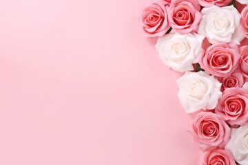 Fresh Rose Flowers on Pink Background Border with Copy Space AI Generated