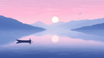 an illustration of mountains and water at sunset