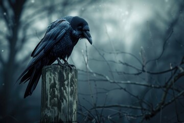 Fototapeta premium A dramatic shot of a black raven perched on a spooky fencepost