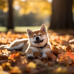A super cute baby Shiba Inu lying on the ground of the park