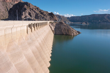 The dam at the Valle Grande Reservoir, Atuel River, near the city of San Rafael, Mendoza Province, Cuyo Region, Argentina