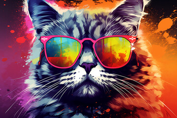 Cat with sunglasses, watercolor, spray paint, colorful canvas