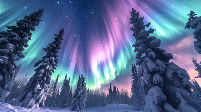 Northern lights over a snowy forest, high clarity and vibrant colors