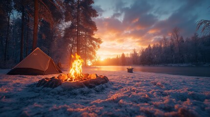 A campfire at golden time in wintertime, low angle