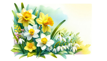 Blooming daffodils and snowdrops with a soft background with copy space. Greeting card for birthday. womens day, mother's day,Easter.