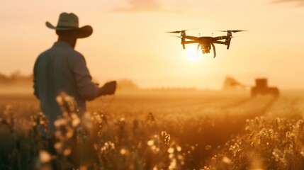 Farmer Operating a Drone remotely piloting a drone over a sunlit field of crops at sunset. - obrazy, fototapety, plakaty