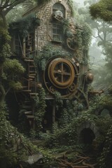 Intricate steampunk-inspired machinery intertwined with a lush, overgrown jungle.