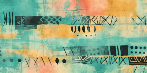 Turquoise, blush, and mustard seamless African pattern, tribal motifs grunge texture