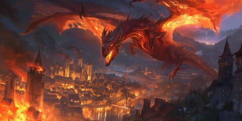 Majestic dragon made of flames, with each scale detailed, soaring over a medieval city at night.