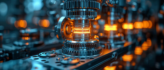 Close up of pistons in cylinder with four valves in a modern engine with gears nearby, generative ai.