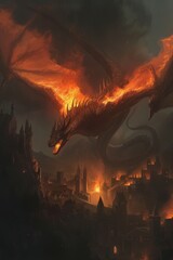 Majestic dragon made of flames, with each scale detailed, soaring over a medieval city at night.