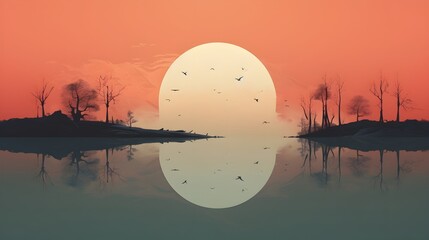 sunrise scene with trees around some water with bird