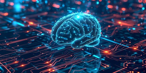 Multi-layered image of a human brain transforming into a digital circuit board, symbolizing AI integration
