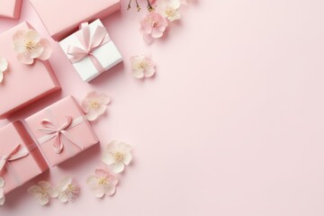 Fototapeta na wymiar Pastel Pink Gift Boxes with Tender Pink Flowers on Light Background AI Generated