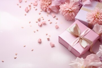 Fototapeta na wymiar Pastel Pink Gift Boxes with Tender Pink Flowers on Light Background AI Generated