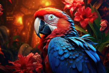 Fototapeta premium Scarlett Maca, An ultra high-resolution hyper-realistic neon glowing metallic parrot in close-up, looking directly into the camera while sitting in the heart of the Costa Rica rainforest
