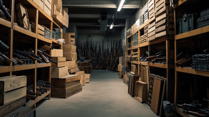 Modern weapon at dark vintage storage, guns stored in old military warehouse. Illegal smuggle arsenal of firearm. Concept of war, industry, package, violence, security and crime - obrazy, fototapety, plakaty