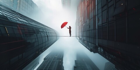 Surrealism-inspired image of a person with an umbrella walking on a tightrope between two skyscrapers - obrazy, fototapety, plakaty