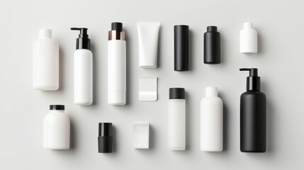 Blank beauty product bottles on a white background. A range of skincare packaging, minimalist design, black and white. Mockup. Concept of modern cosmetics, uniform beauty products, branding template. - obrazy, fototapety, plakaty
