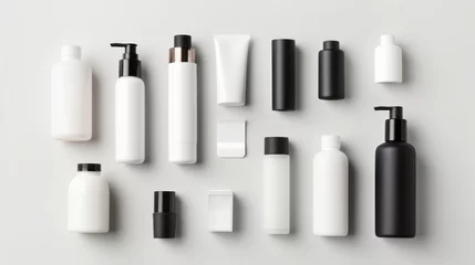 Fotobehang Blank beauty product bottles on a white background. A range of skincare packaging, minimalist design, black and white. Mockup. Concept of modern cosmetics, uniform beauty products, branding template. © Jafree